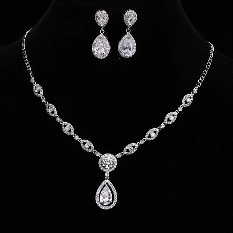 Silver Classic Oval Crystal Bridal Jewellery Set, Cubic Zirconia Necklace and Earrings Set