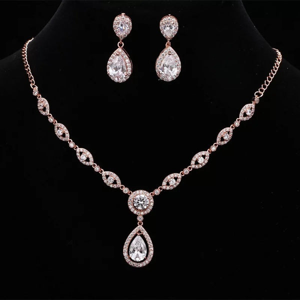 Rose Gold Classic Oval Crystal Bridal Jewellery Set, Cubic Zirconia Necklace and Earrings Set