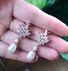Swarovski Pearl Rose Gold Vintage Cubic Zirconia Drop Bridal Earrings, Wedding Earrings
