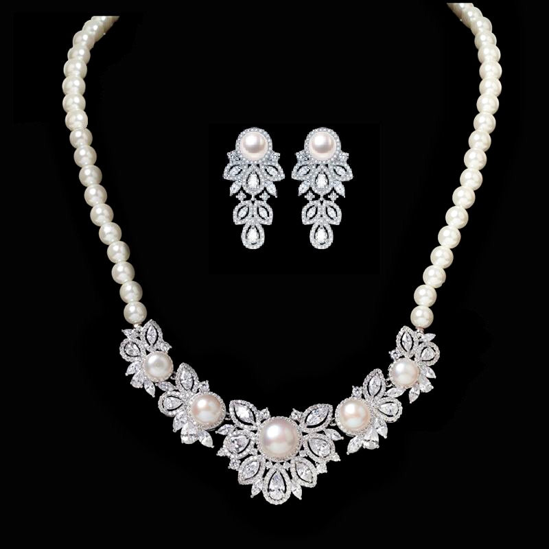Boho Micropaved CZ and Pearl Wedding Jewellery Set, Bridal Cubic Zirconia Necklace and Earrings Set