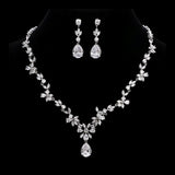 Silver Simple Floral Bridal Cubic Zirconia Wedding Jewellery Set, Crystal Necklace and Earrings Set