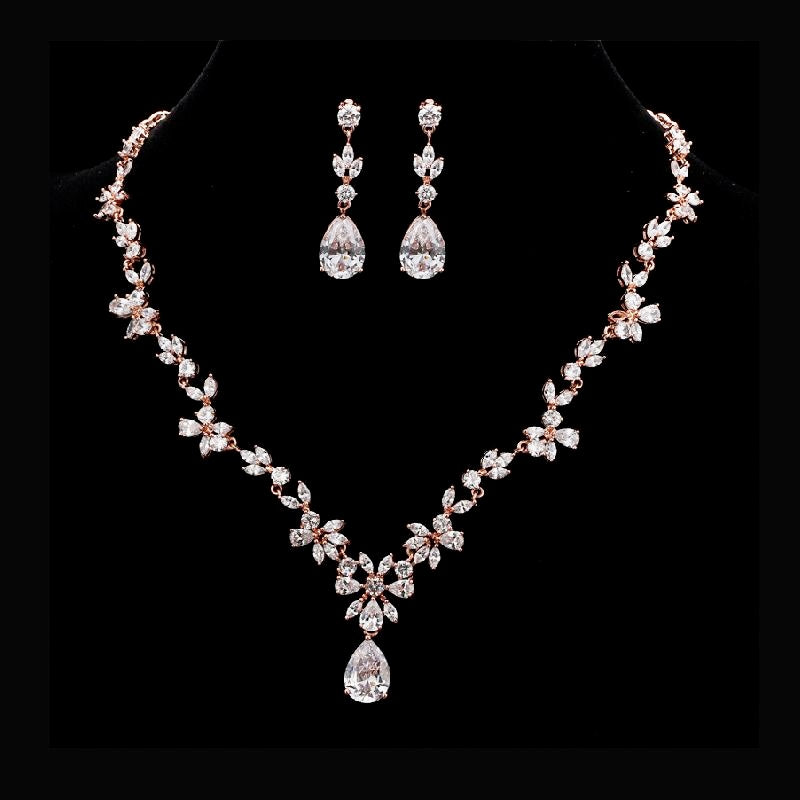 Rose Gold Simple Floral Bridal Cubic Zirconia Wedding Jewellery Set, Crystal Necklace and Earrings Set