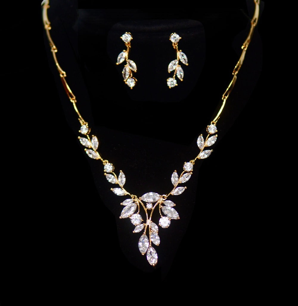 Wedding Jewellery Set, Gold Simple Leaf Bridal Crystal Wedding Jewellery Set, Cubic Zirconia Necklace and Earrings Set