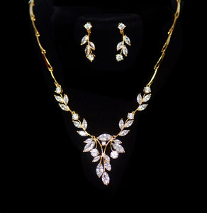 old Simple Leaf Bridal Crystal Wedding Jewellery Set, Cubic Zirconia Necklace and Earrings Set