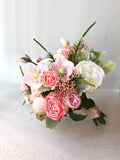 Coral and pink wedding bouquet, peony and English roses bridal banquet