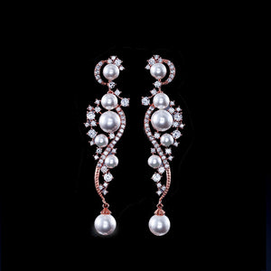 Best Seller: Pearl Rose Gold Cubic Zirconia Drop Bridal Earrings
