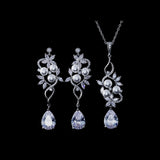 BEST SELLER - Exquisite Silver Floral Pearl & Crystal Set, Cubic Zirconia Necklace and Earrings Set