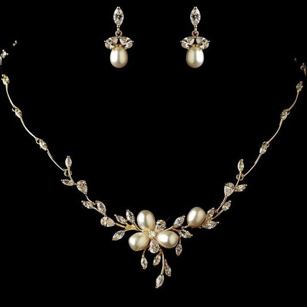 Rose Gold Floral Pearl & Crystal Bridal Jewellery Set, Cubic Zirconia Necklace and Earrings Set