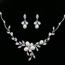 Load image into Gallery viewer, Elegant Floral Pearl &amp; Crystal Bridal Jewellery Set, Cubic Zirconia Necklace and Earrings Set