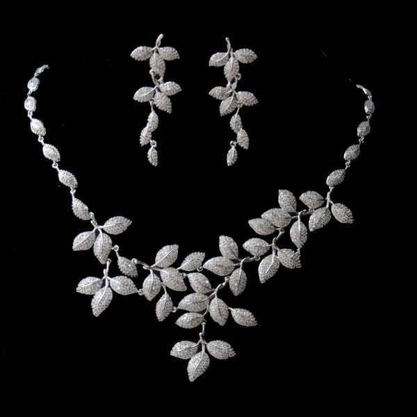 Micro-paved Cubic Zirconia Leaf Vain  Bridal Jewellery Set, Cubic Zirconia Necklace and Earrings Set