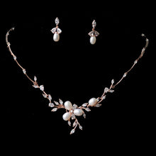 Load image into Gallery viewer, Rose Gold Floral Pearl &amp; Crystal Bridal Jewellery Set, Cubic Zirconia Necklace and Earrings Set