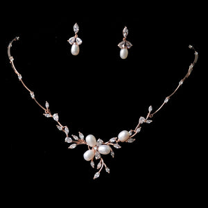Rose Gold Floral Pearl & Crystal Bridal Jewellery Set, Cubic Zirconia Necklace and Earrings Set